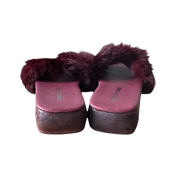 Burgundy Wine Rabbit Fur Wood Clog Slide Sandal, Size 38EU, Y2K - Picture 5 of 8